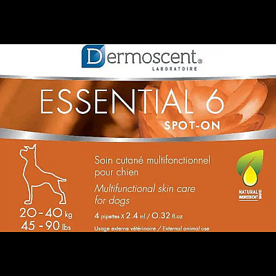 Мультифункциональное средство Dermoscent Essential-6 spot-on для ухода за кожей и шерстью всех типов, для собак 20-40 кг, (4пип.х2,4мл)