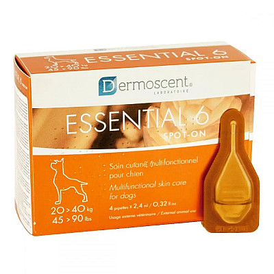 Мультифункциональное средство Dermoscent Essential-6 spot-on для ухода за кожей и шерстью всех типов, для собак 20-40 кг, (4пип.х2,4мл)