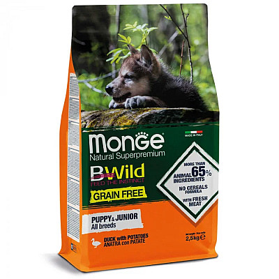 Сухой корм для щенков Monge Dog Bwild Grain Free Puppy & Junior утка, 2.5 кг