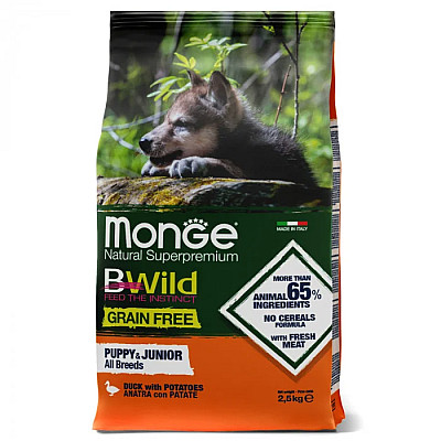 Сухой корм для щенков Monge Dog Bwild Grain Free Puppy & Junior утка, 2.5 кг