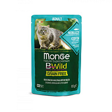 Влажный корм для кошек Monge Cat Wet Bwild Grain Free треска с креветками и овощами, 85 г