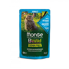 Влажный корм для кошек Monge Cat Wet Bwild Grain анчоус с овощами, 85 г