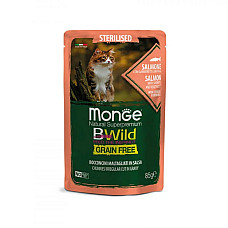 Влажный корм для кошек Monge Cat Wet Bwild Grain Free Sterilised лосось с креветками и овощами, 85 г