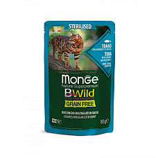 Влажный корм для кошек Monge Cat Wet Bwild Grain Free Sterilised тунец с креветками и овощами, 85 г