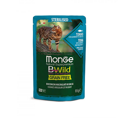 Влажный корм для кошек Monge Cat Wet Bwild Grain Free Sterilised тунец с креветками и овощами, 85 г