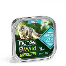 Влажный корм для кошек Monge Cat Wet Bwild Grain Free Adult треска с овощами, 100 г