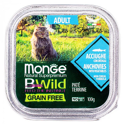 Влажный корм для кошек Monge Cat Wet Bwild Grain Free Adult анчоус с овощами, 100 г