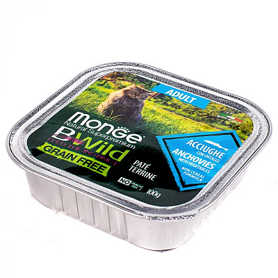 Влажный корм для кошек Monge Cat Wet Bwild Grain Free Adult анчоус с овощами, 100 г