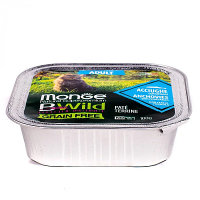 Влажный корм для кошек Monge Cat Wet Bwild Grain Free Adult анчоус с овощами, 100 г