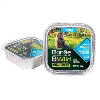Влажный корм для кошек Monge Cat Wet Bwild Grain Free Adult анчоус с овощами, 100 г