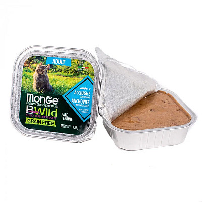 Влажный корм для кошек Monge Cat Wet Bwild Grain Free Adult анчоус с овощами, 100 г