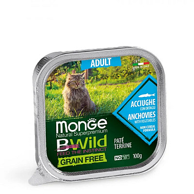Влажный корм для кошек Monge Cat Wet Bwild Grain Free Adult анчоус с овощами, 100 г