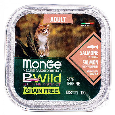 Влажный корм для кошек Monge Cat Wet Bwild Grain Free Adult лосось с овощами, 100 г