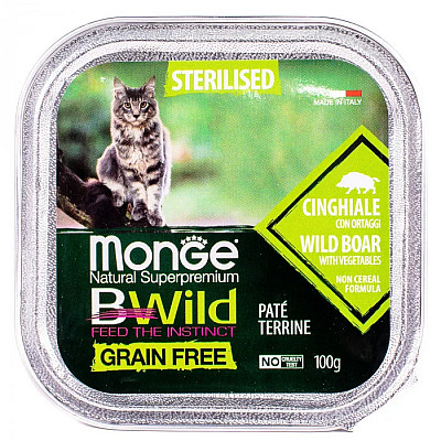 Влажный корм для кошек Monge Cat Wet Bwild Grain Free Wet Sterilised кабан с овощами, 100 г