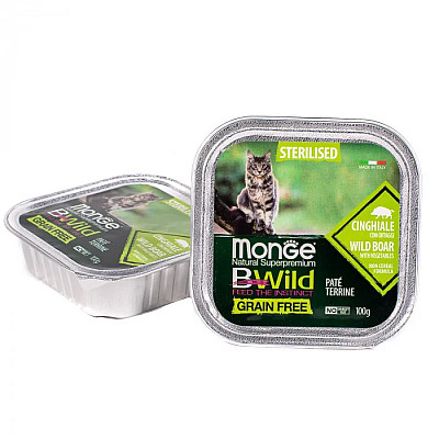 Влажный корм для кошек Monge Cat Wet Bwild Grain Free Wet Sterilised кабан с овощами, 100 г