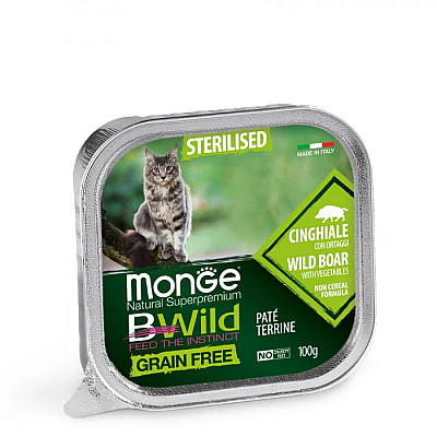 Влажный корм для кошек Monge Cat Wet Bwild Grain Free Wet Sterilised кабан с овощами, 100 г