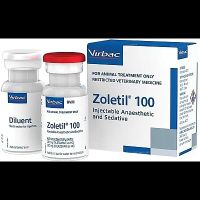 Порошок Virbac Zoletil Золетил 100 для общей анестезии кошек и собак, 1 флакон 5 мл + растворитель