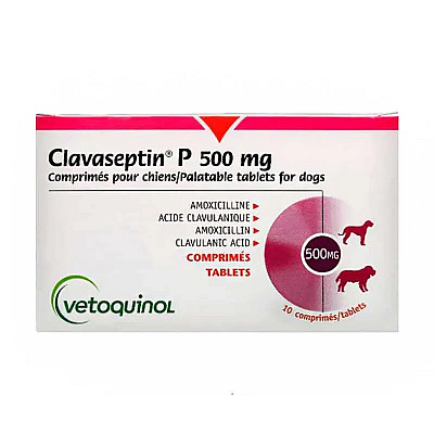 Таблетки Vetoquinol Clavaseptin Клавасептин 500 мг, для котів та собак при захворюваннях шкіри, 10 таб
