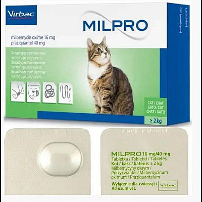 Таблетки Virbac Milpro Милпро антигельминтные, для кошек 2 – 8 кг, 16 мг/40 мг, 1 таб