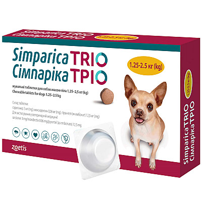 Таблетки Zoetis Simparica Trio Сімпаріка Тріо від бліх, кліщів, гельмінтів для собак 1,25-2,5 кг, 3 таб
